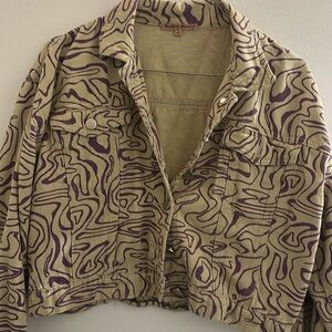 Purple and cream patterned denim cropped jacket